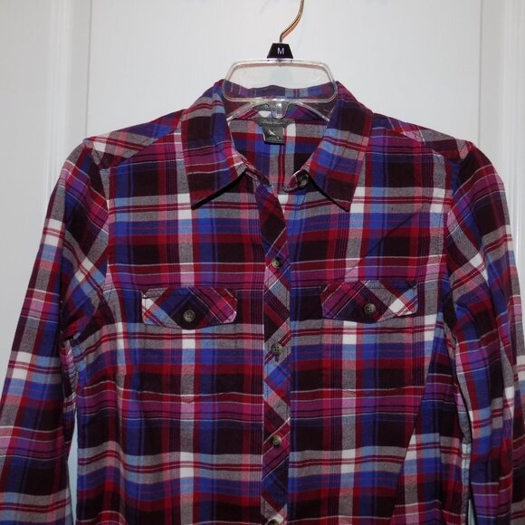 EDDIE BAUER Womens Flannel Shirt Small Burgandy Pink Blue Plaid L/S LL.Bean - Picture 2 of 3